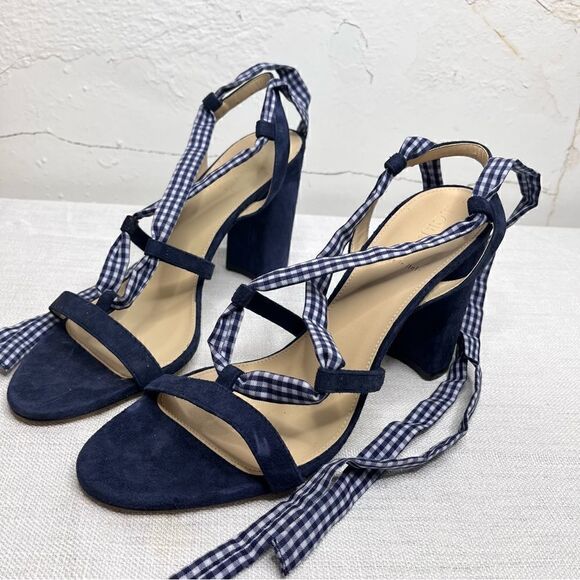 J Crew Ankle Wrap Heels Size 10.5 Gingham Pacific Blue Suede Sandals Open Toe - Picture 1 of 9